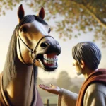 A highly realistic image of a person receiving a beautiful horse as a gift. The horse has a glossy, well-groomed coat and is standing with its mouth o