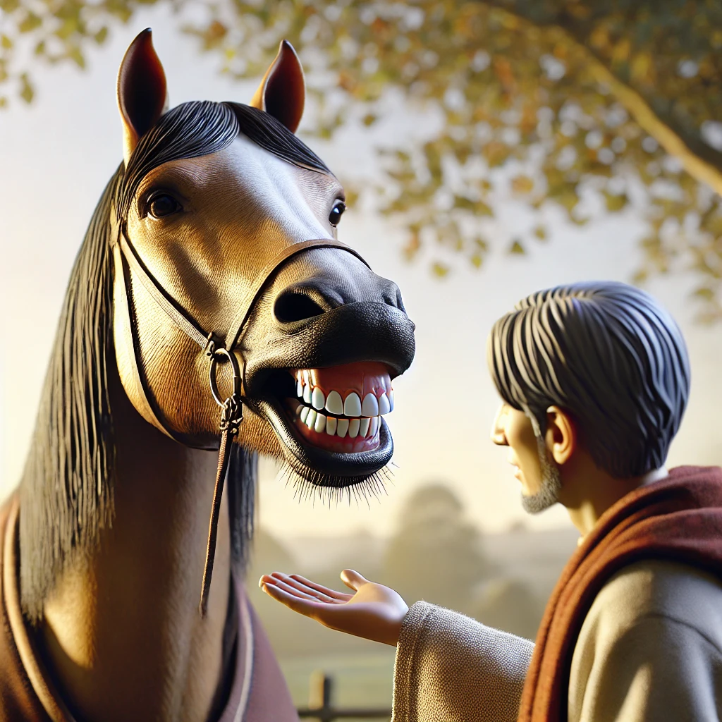 A highly realistic image of a person receiving a beautiful horse as a gift. The horse has a glossy, well-groomed coat and is standing with its mouth o